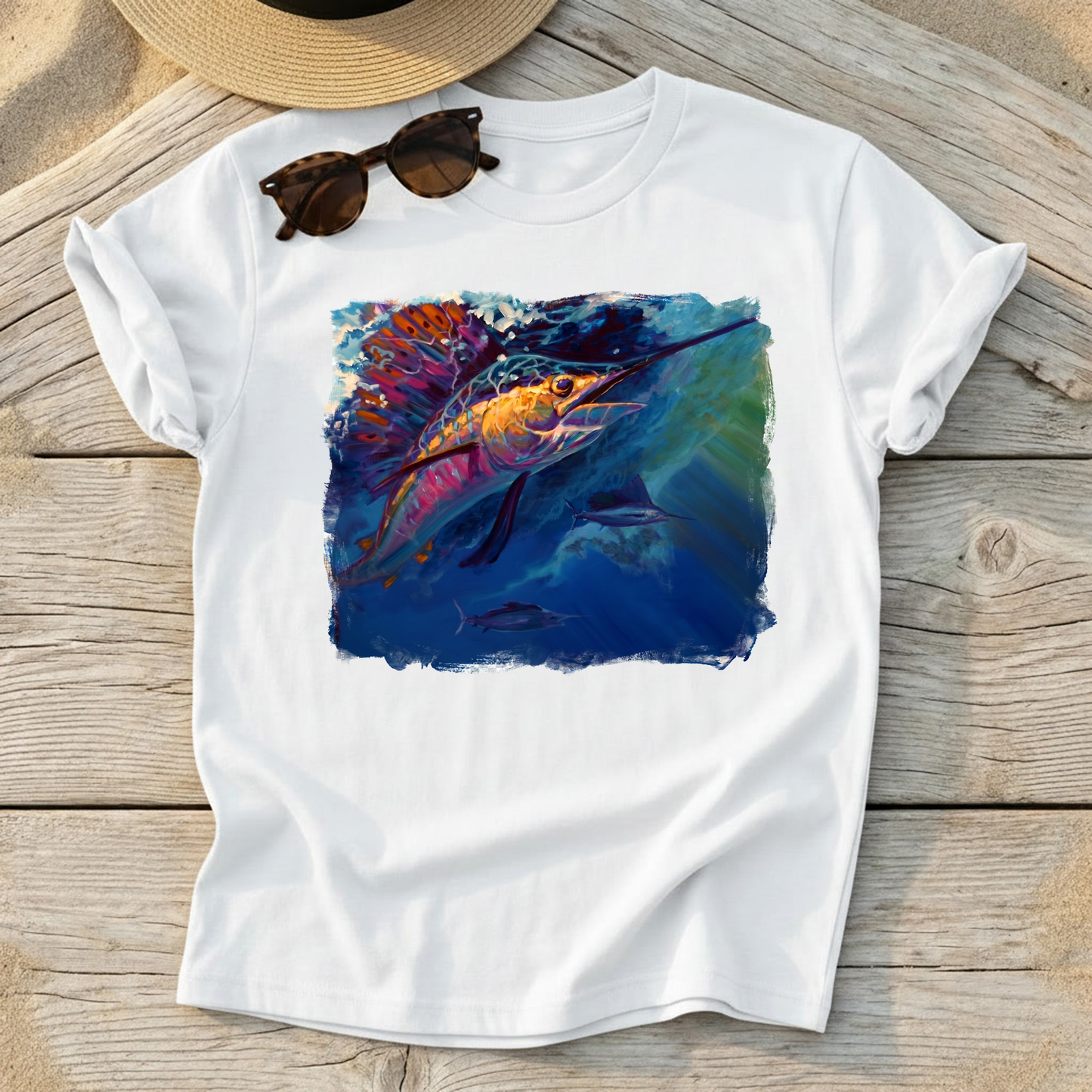 Full Sail Sailfish Art Tee — sailfish fishing shirt, offshore apparel, Love My Oceans