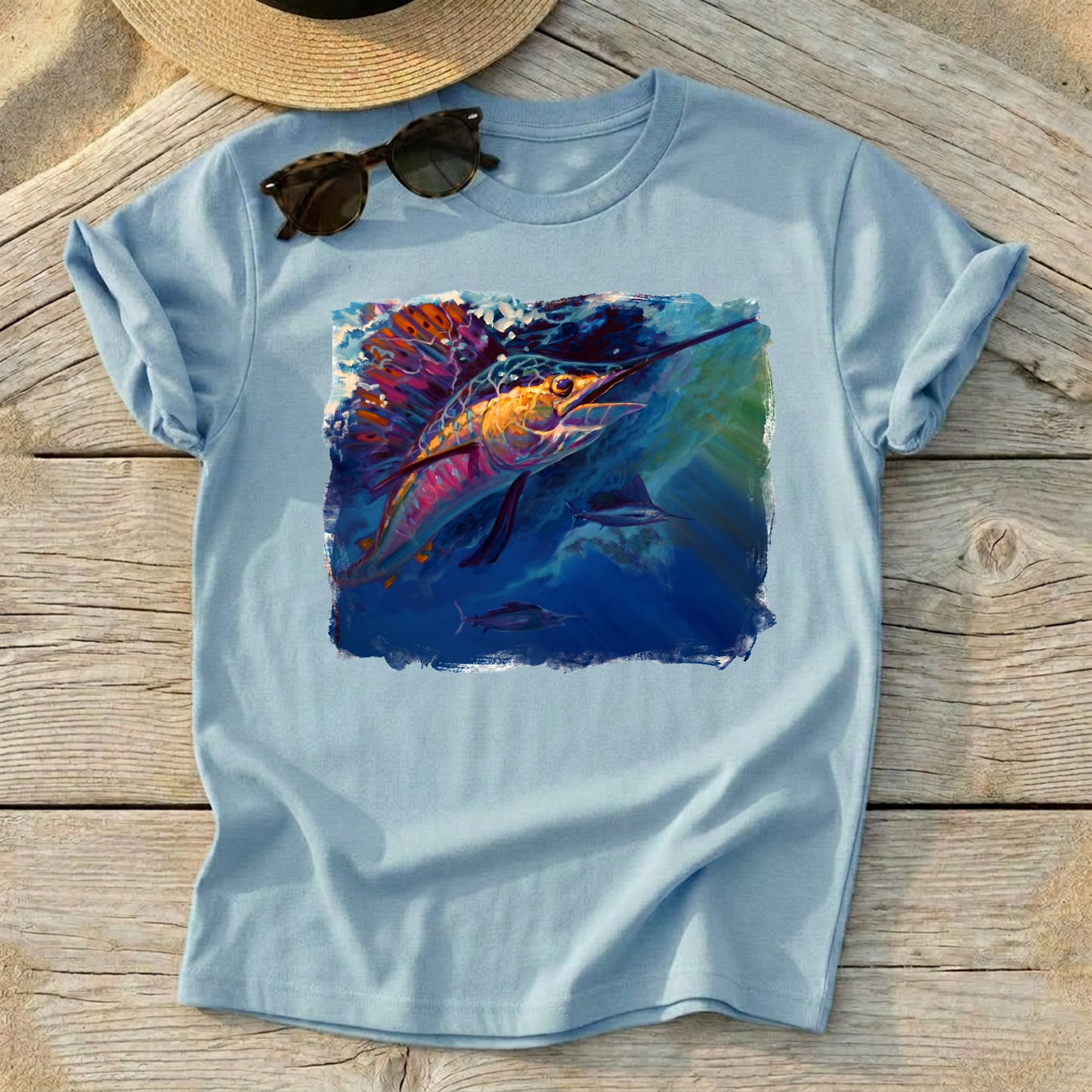Full Sail Sailfish Art Tee — sailfish fishing shirt, offshore apparel, Love My Oceans