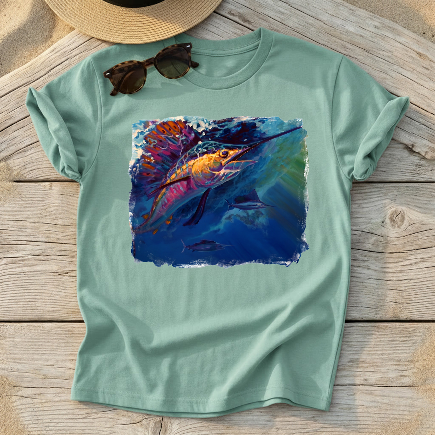 Full Sail Sailfish Art Tee — sailfish fishing shirt, offshore apparel, Love My Oceans