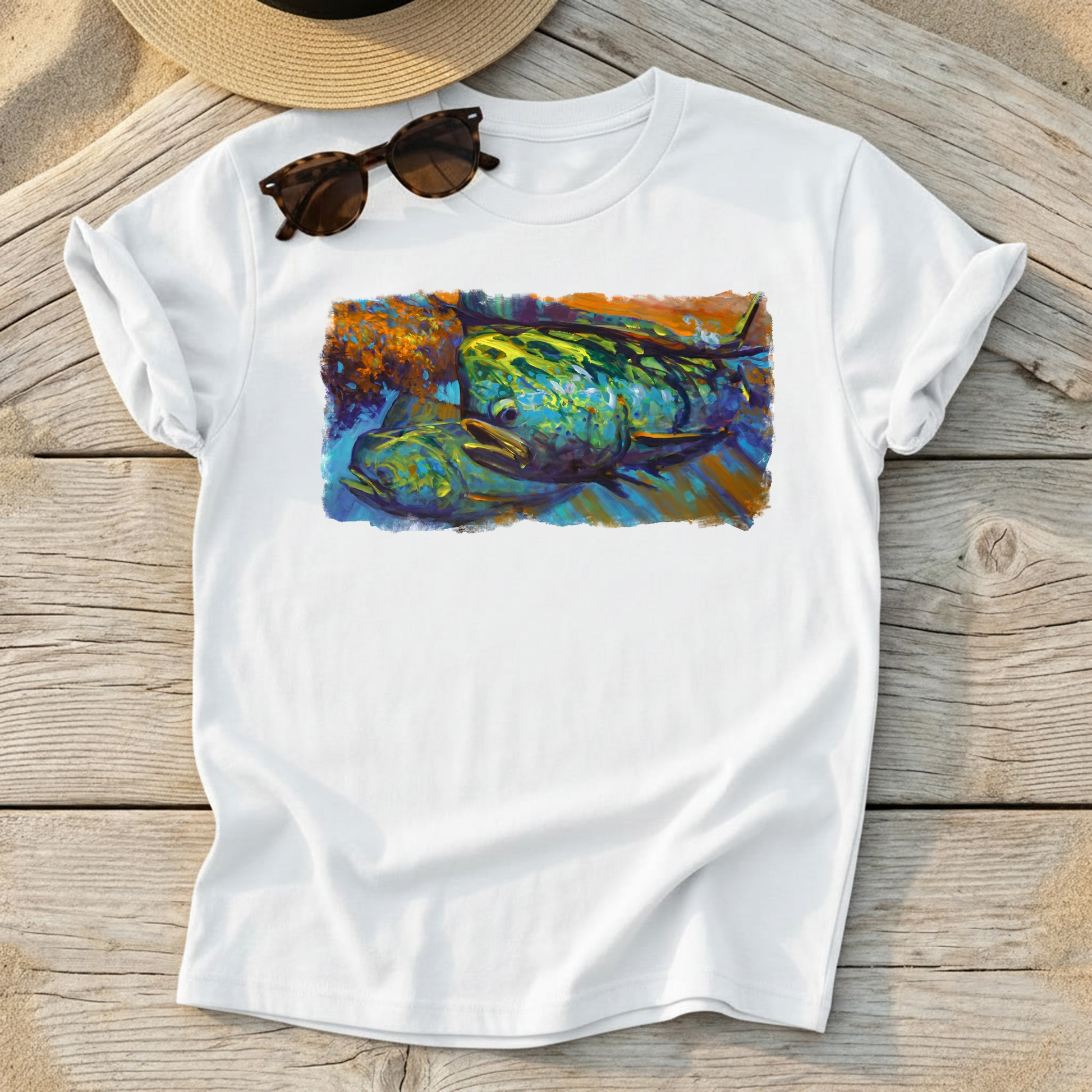 Mahi at Sunset Art Tee — mahi-mahi fishing shirt, offshore colorful apparel, Love My Oceans
