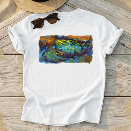 Mahi at Sunset Art Tee — mahi-mahi fishing shirt, offshore colorful apparel, Love My Oceans