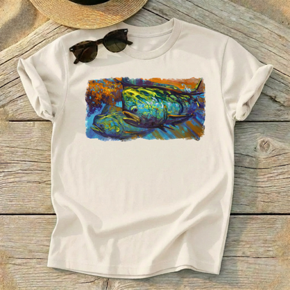 Mahi at Sunset Art Tee — mahi-mahi fishing shirt, offshore colorful apparel, Love My Oceans