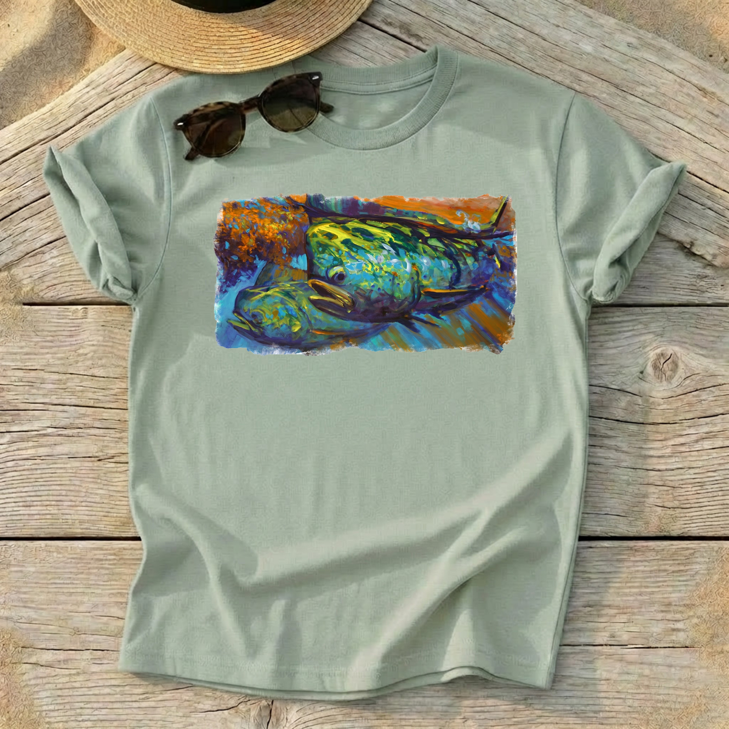 Mahi at Sunset Art Tee — mahi-mahi fishing shirt, offshore colorful apparel, Love My Oceans
