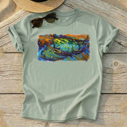 Mahi at Sunset Art Tee — mahi-mahi fishing shirt, offshore colorful apparel, Love My Oceans