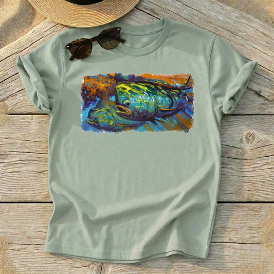 Mahi at Sunset Art Tee — mahi-mahi fishing shirt, offshore colorful apparel, Love My Oceans