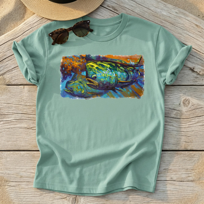 Mahi at Sunset Art Tee — mahi-mahi fishing shirt, offshore colorful apparel, Love My Oceans