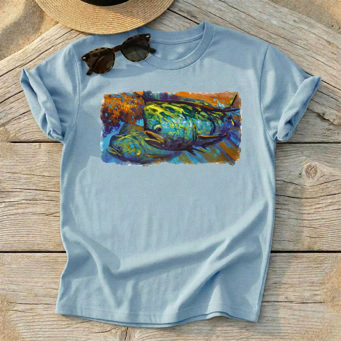 Mahi at Sunset Art Tee — mahi-mahi fishing shirt, offshore colorful apparel, Love My Oceans