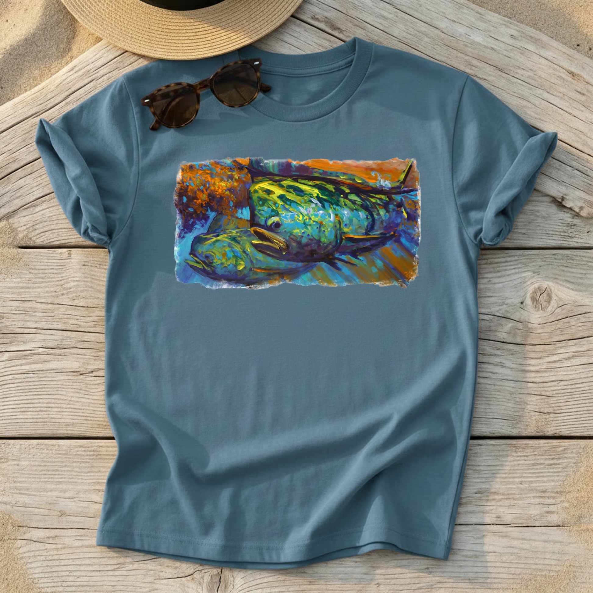 Mahi at Sunset Art Tee — mahi-mahi fishing shirt, offshore colorful apparel, Love My Oceans