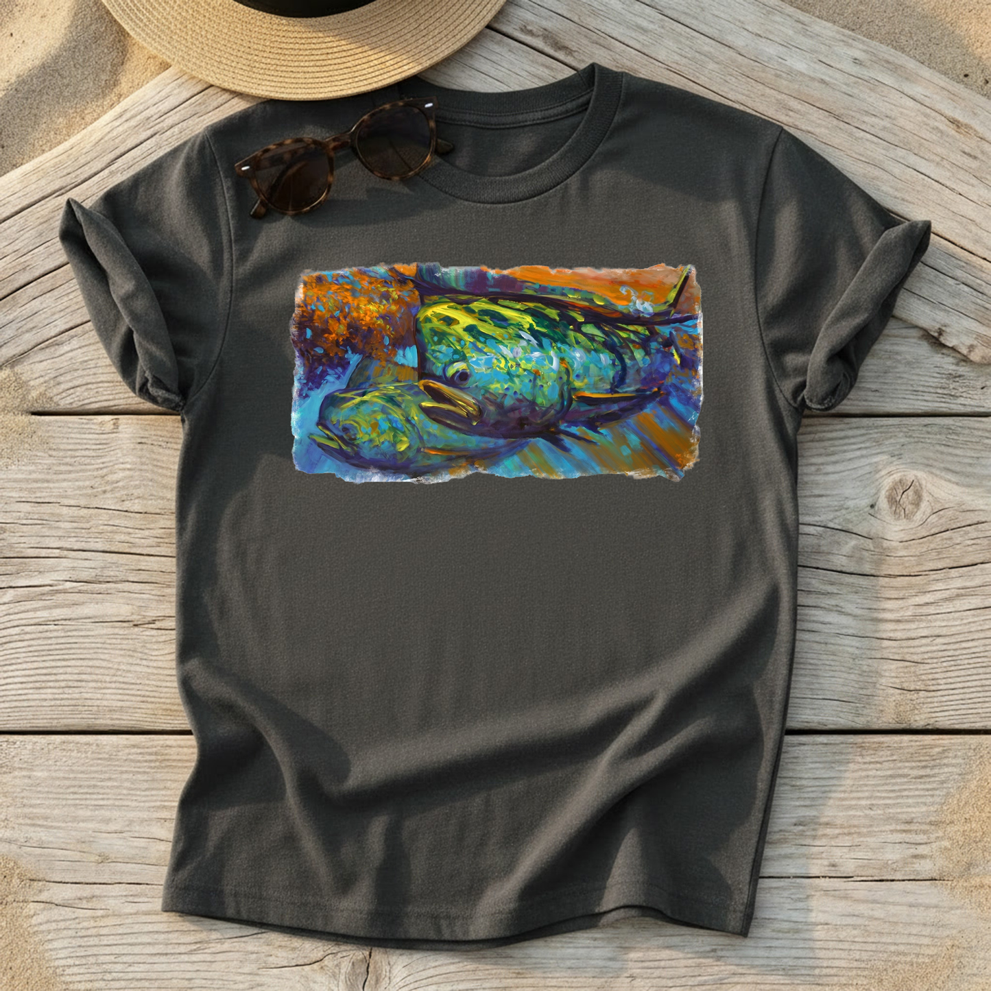 Mahi at Sunset Art Tee — mahi-mahi fishing shirt, offshore colorful apparel, Love My Oceans