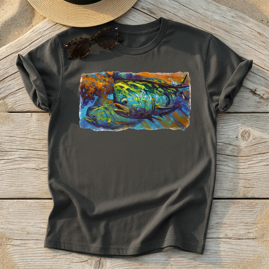 Mahi at Sunset Art Tee — mahi-mahi fishing shirt, offshore colorful apparel, Love My Oceans