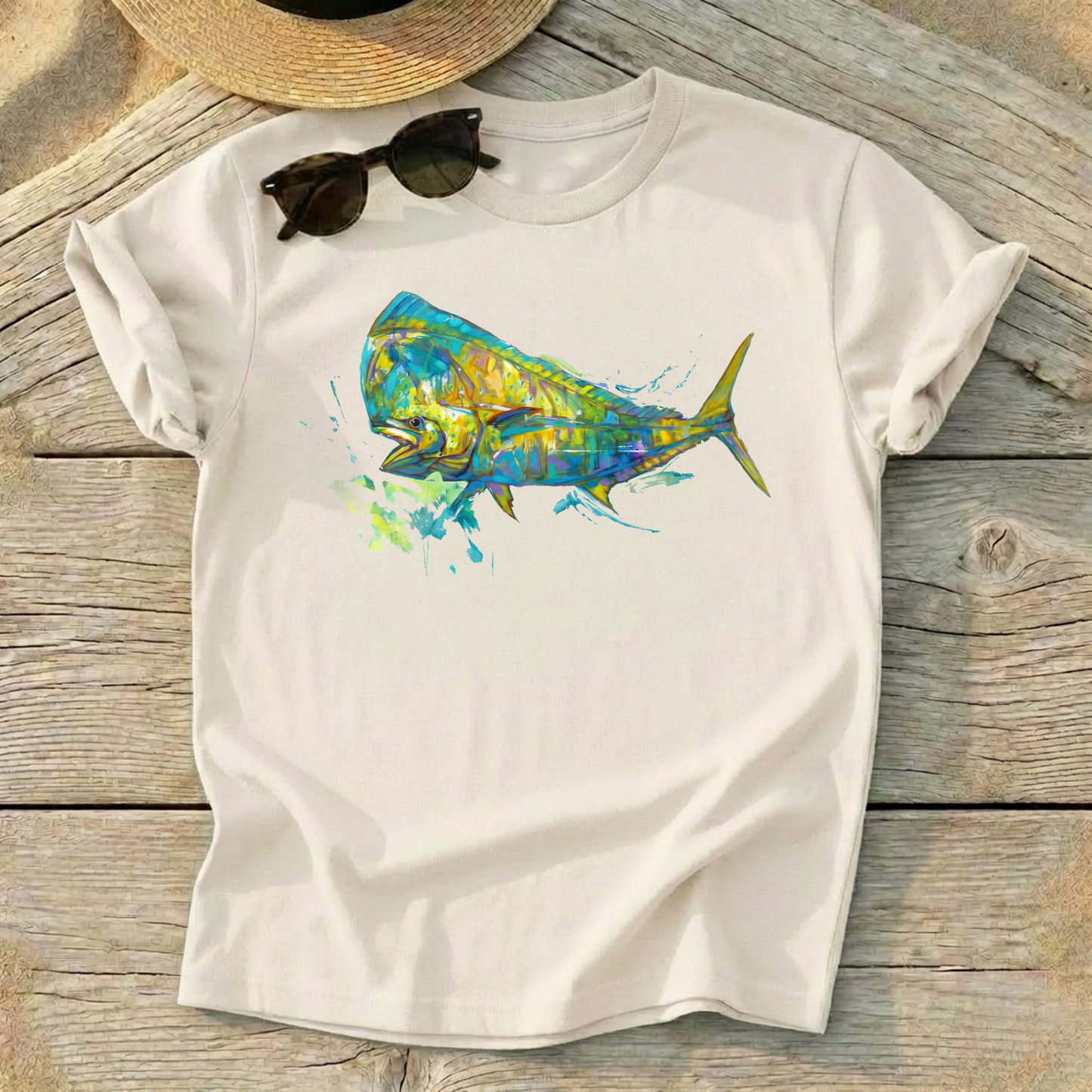 Bluewater Gold Mahi Art Tee — mahi-mahi fishing shirt, offshore fishing apparel, Love My Oceans