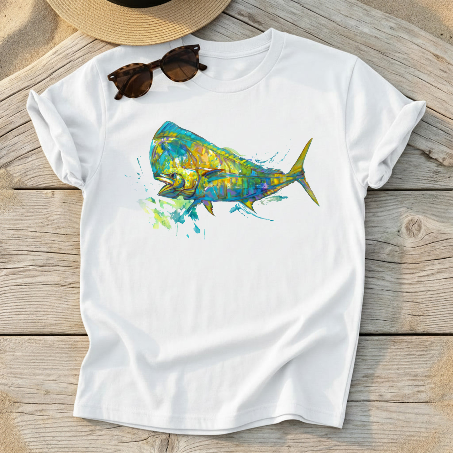 Bluewater Gold Mahi Art Tee — mahi-mahi fishing shirt, offshore fishing apparel, Love My Oceans