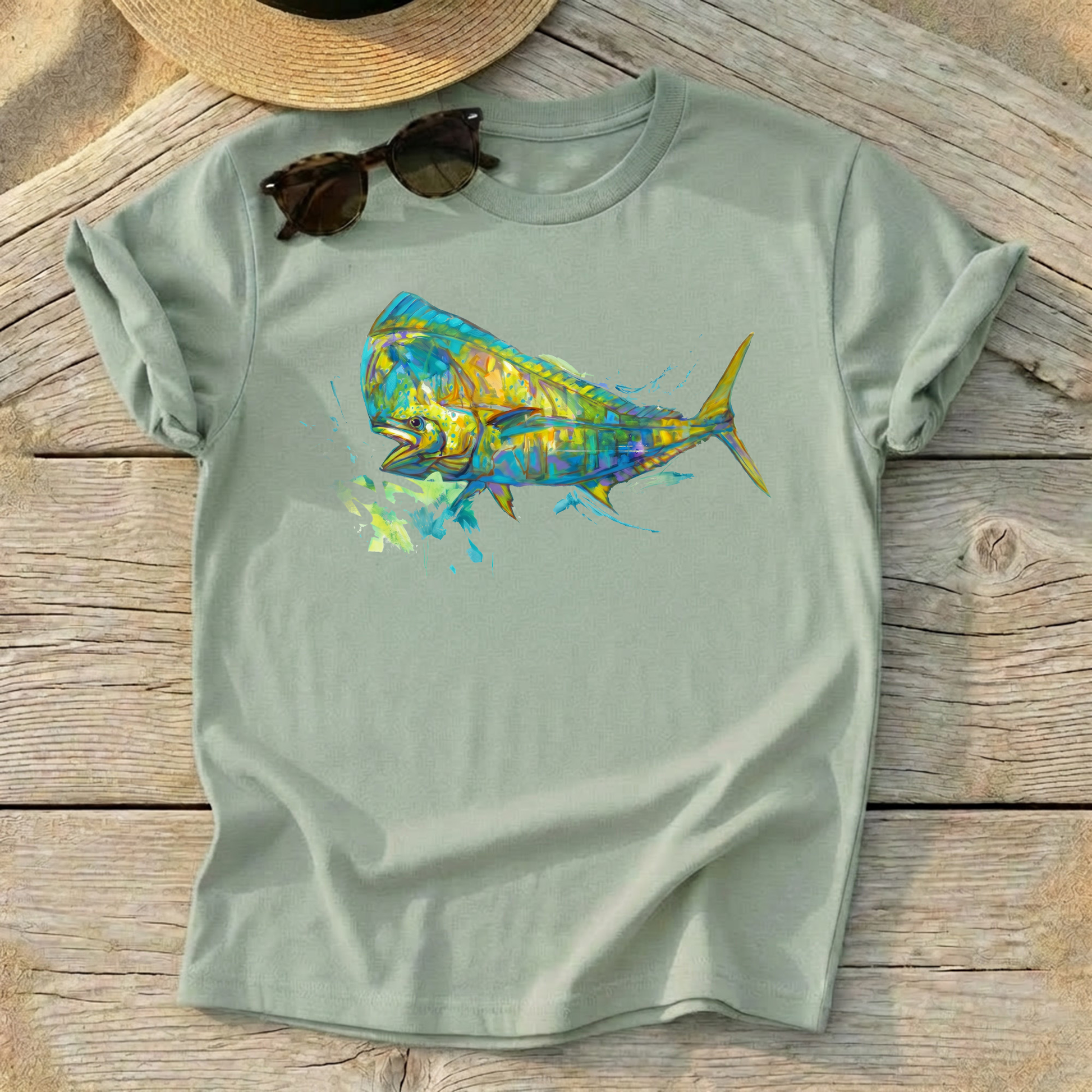 Bluewater Gold Mahi Art Tee — mahi-mahi fishing shirt, offshore fishing apparel, Love My Oceans