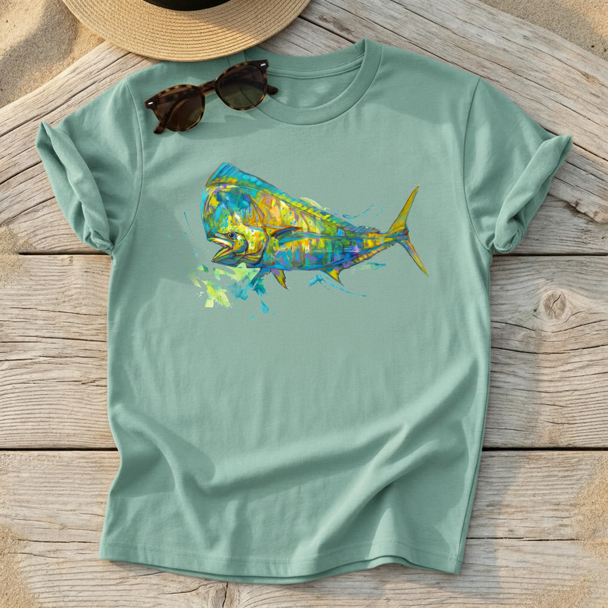 Bluewater Gold Mahi Art Tee — mahi-mahi fishing shirt, offshore fishing apparel, Love My Oceans