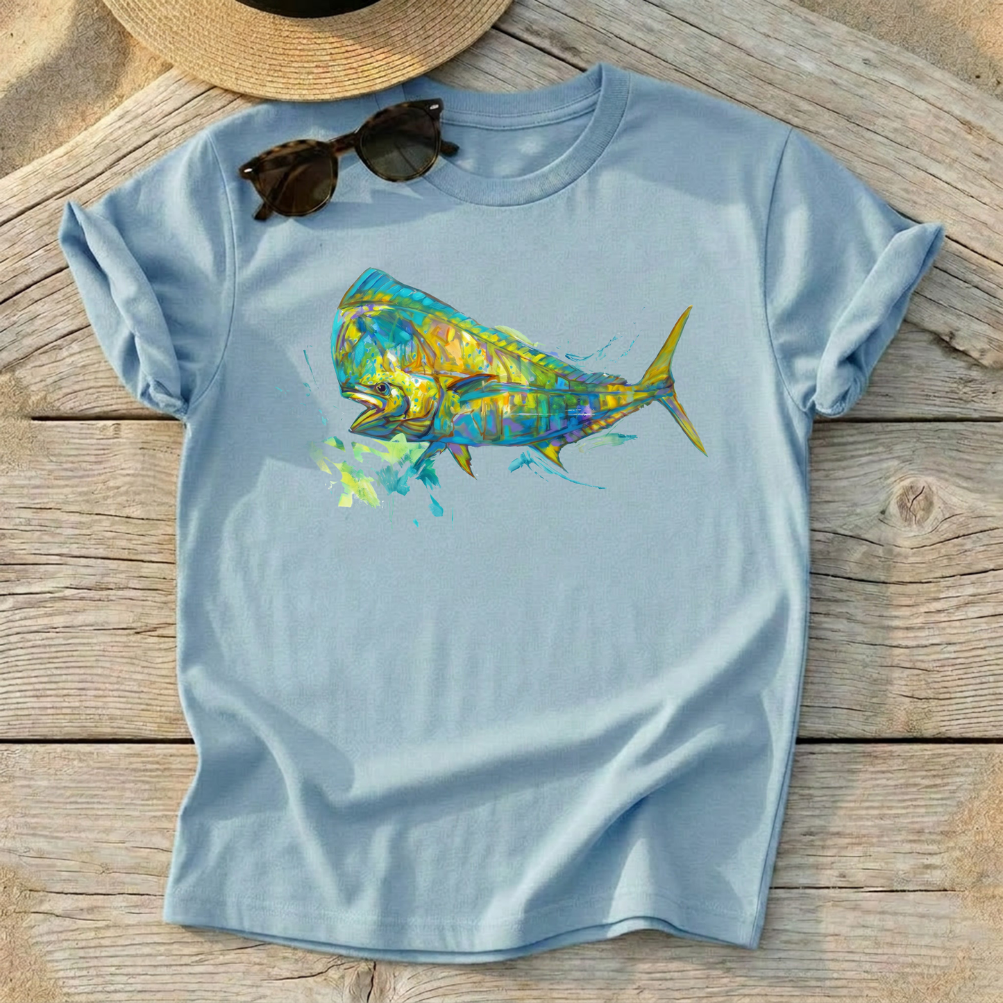 Bluewater Gold Mahi Art Tee — mahi-mahi fishing shirt, offshore fishing apparel, Love My Oceans