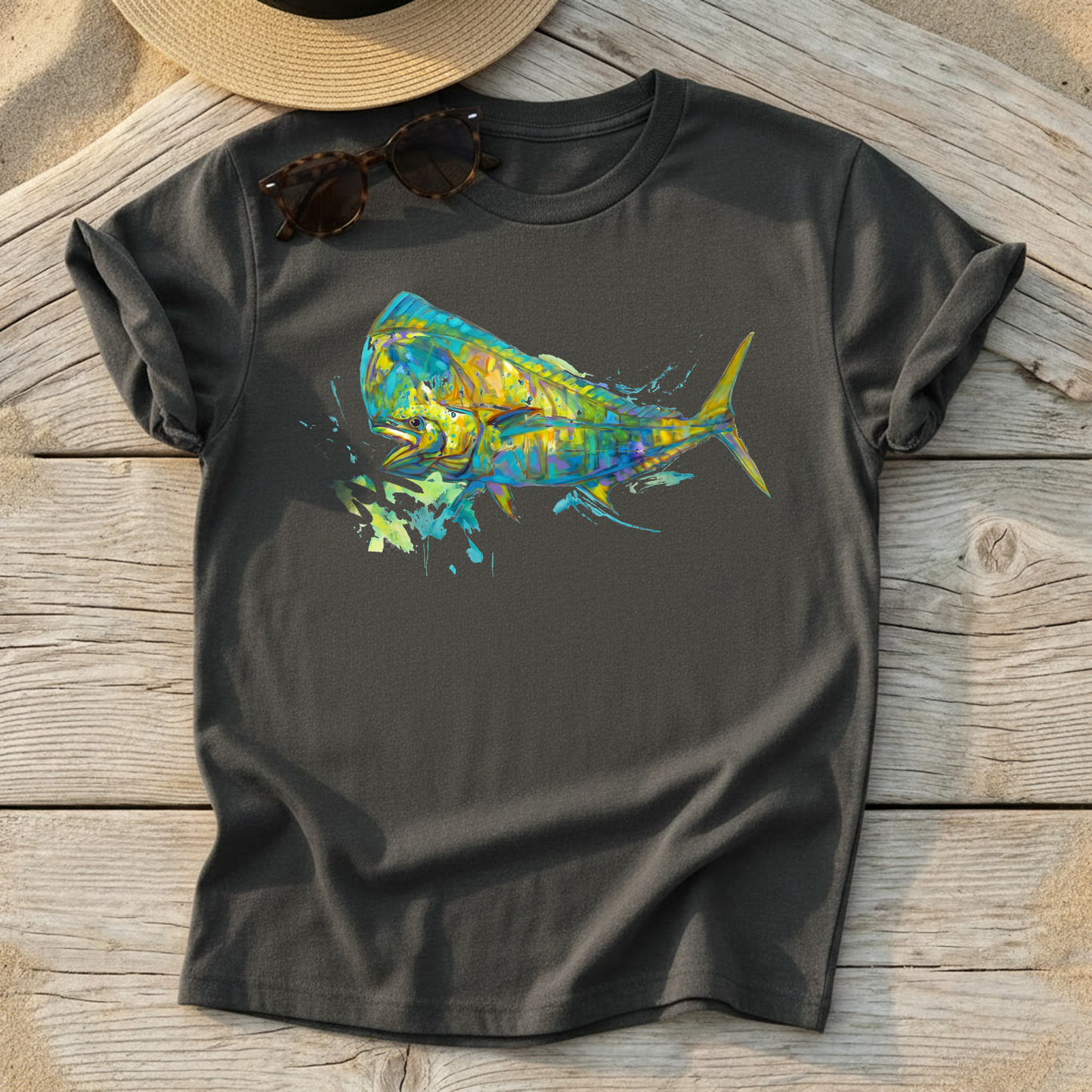 Bluewater Gold Mahi Art Tee — mahi-mahi fishing shirt, offshore fishing apparel, Love My Oceans