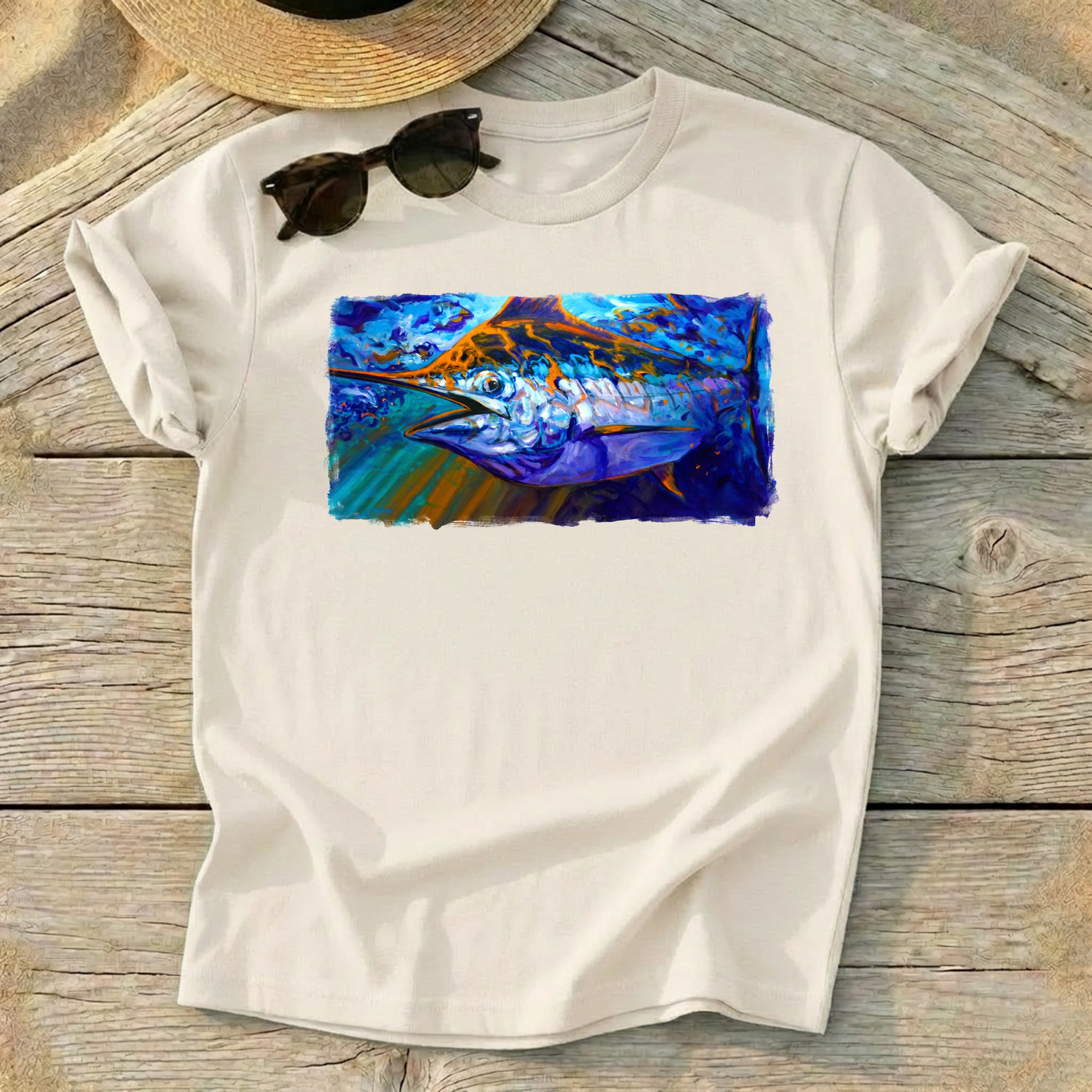 Catching Some Rays Blue Marlin Art Tee — blue marlin fishing shirt, offshore apparel, Love My Oceans