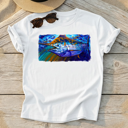 Catching Some Rays Blue Marlin Art Tee — blue marlin fishing shirt, offshore apparel, Love My Oceans