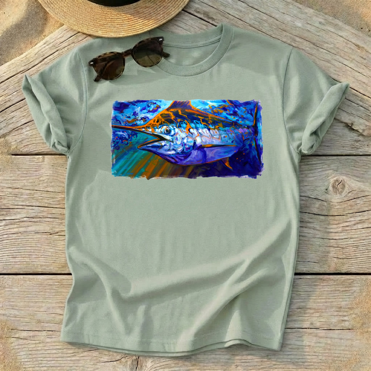 Catching Some Rays Blue Marlin Art Tee — blue marlin fishing shirt, offshore apparel, Love My Oceans