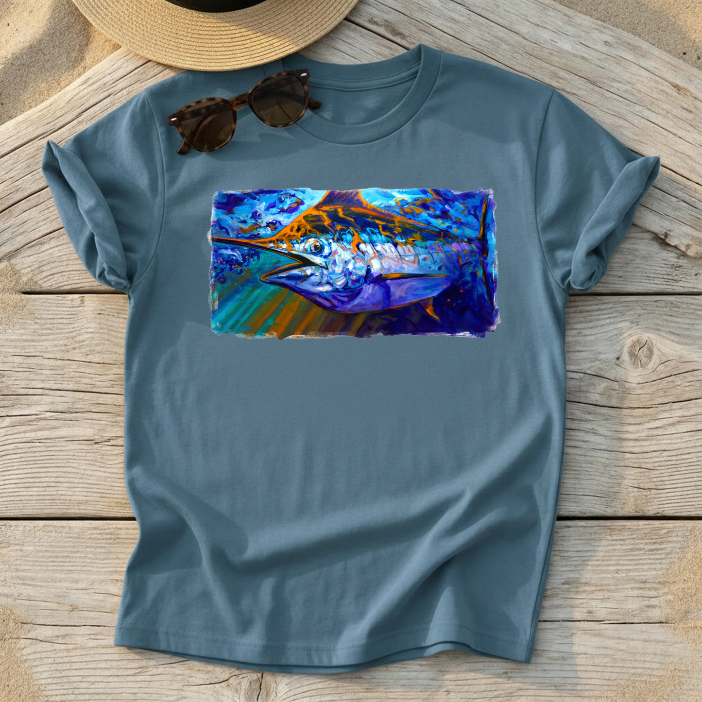 Catching Some Rays Blue Marlin Art Tee — blue marlin fishing shirt, offshore apparel, Love My Oceans