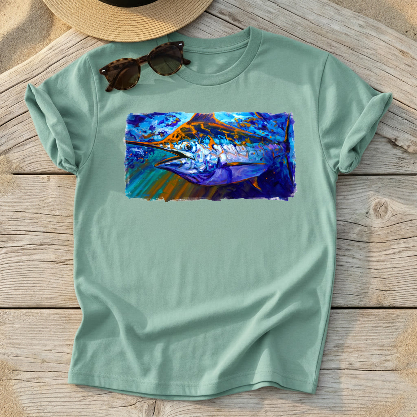 Catching Some Rays Blue Marlin Art Tee — blue marlin fishing shirt, offshore apparel, Love My Oceans
