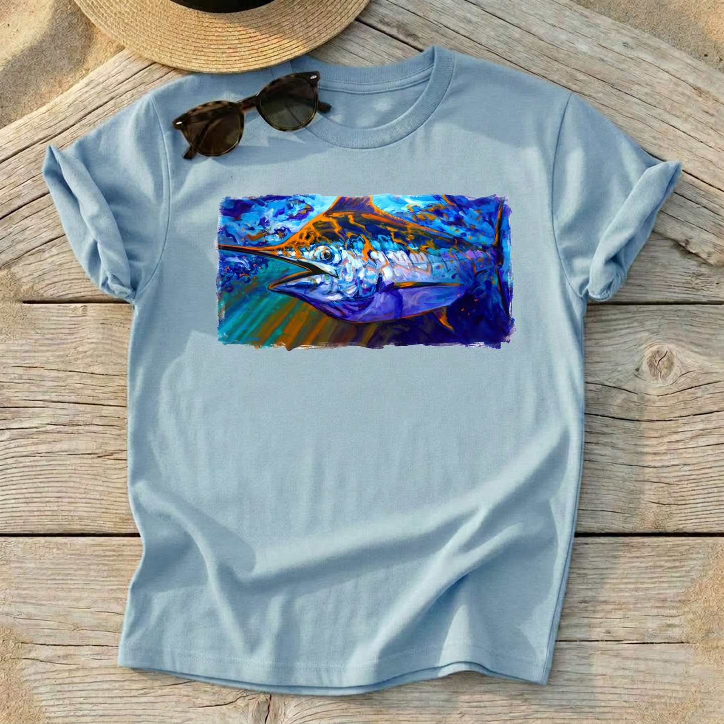 Catching Some Rays Blue Marlin Art Tee — blue marlin fishing shirt, offshore apparel, Love My Oceans