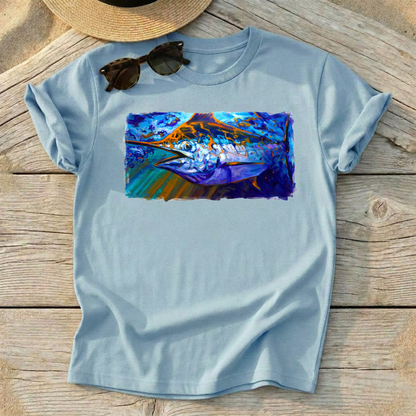 Catching Some Rays Blue Marlin Art Tee — blue marlin fishing shirt, offshore apparel, Love My Oceans