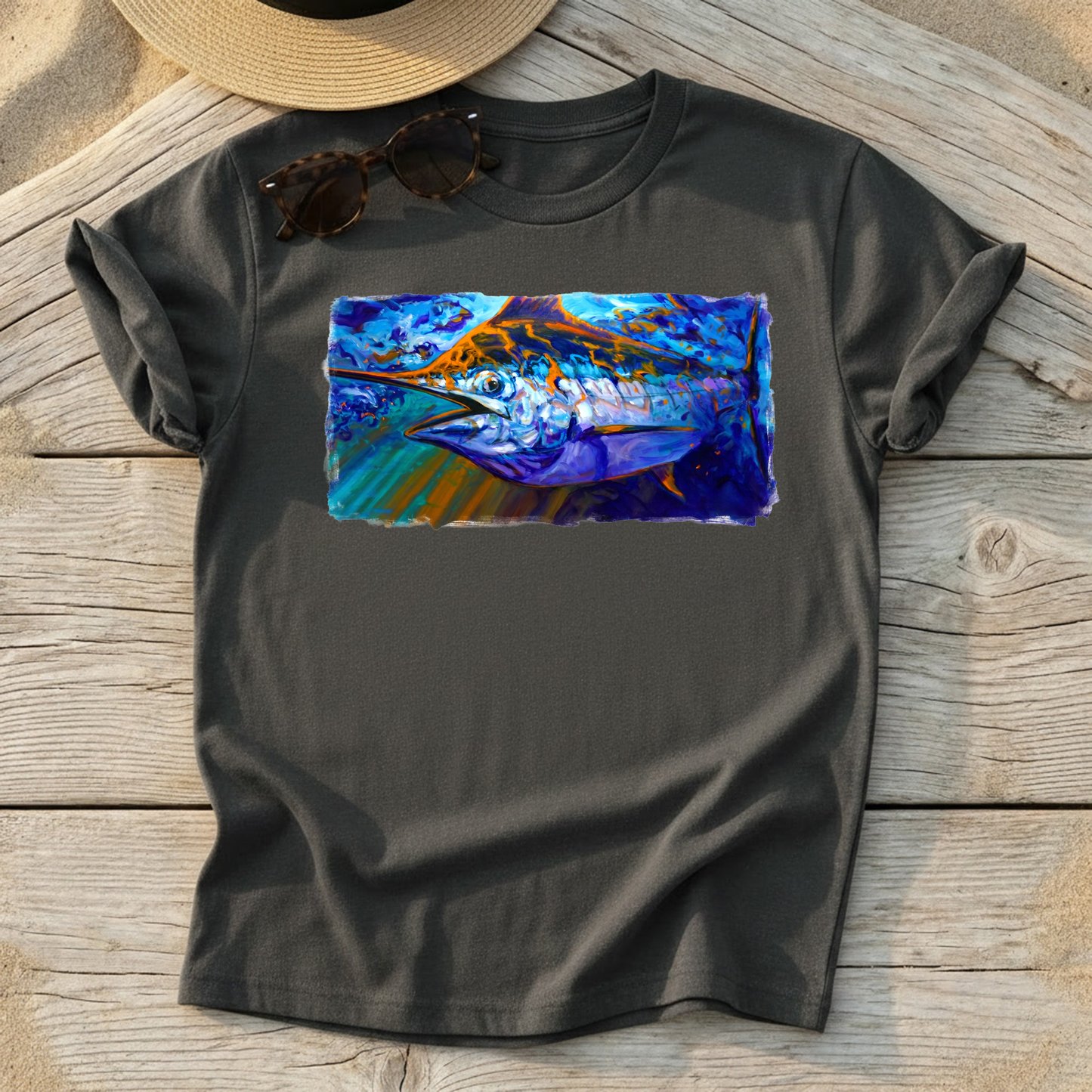 Catching Some Rays Blue Marlin Art Tee — blue marlin fishing shirt, offshore apparel, Love My Oceans