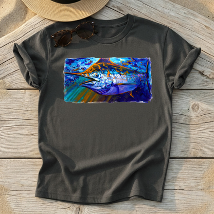 Catching Some Rays Blue Marlin Art Tee — blue marlin fishing shirt, offshore apparel, Love My Oceans