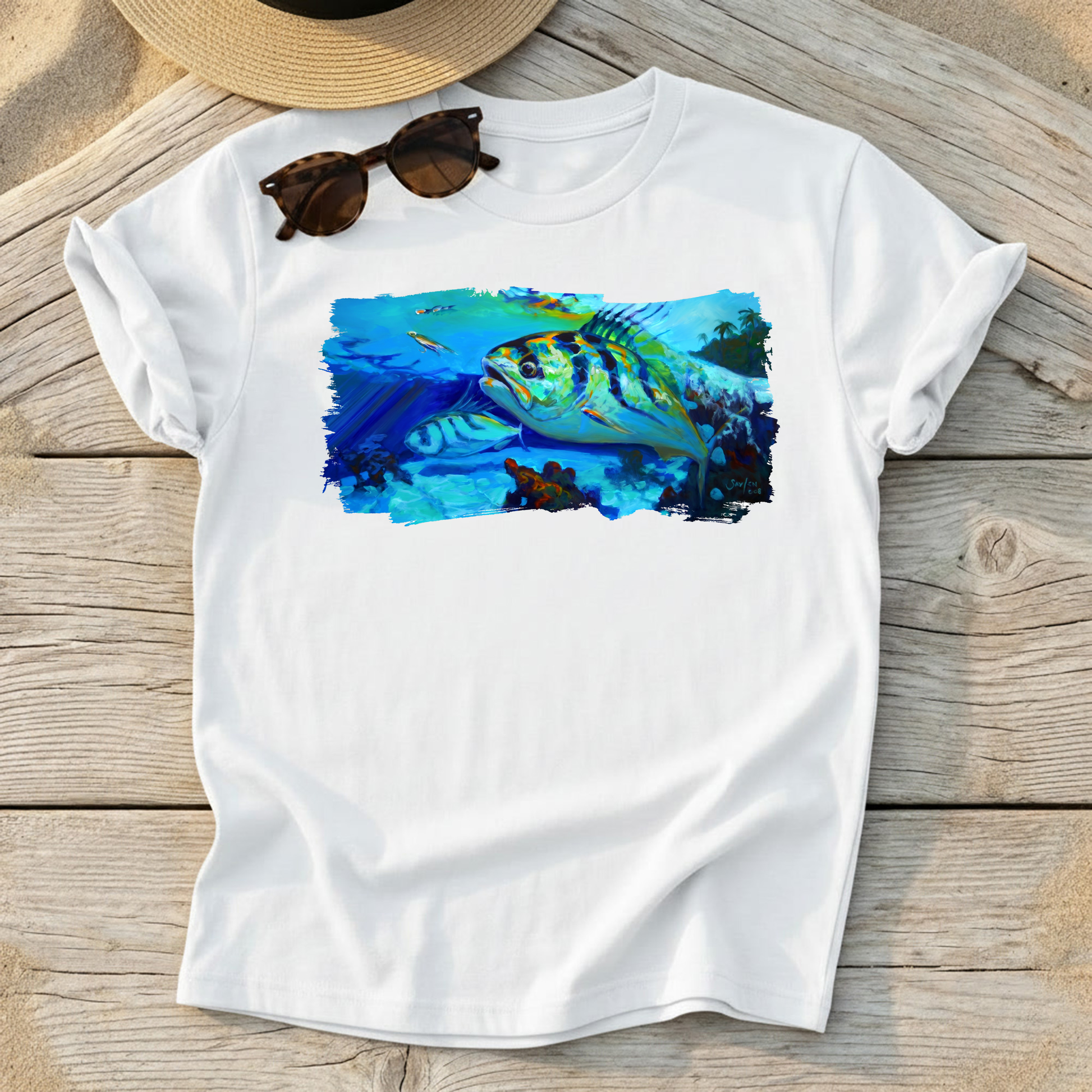 Here Comes The Rooster Roosterfish Art Tee — roosterfish fishing shirt, coastal fishing apparel, Love My Oceans