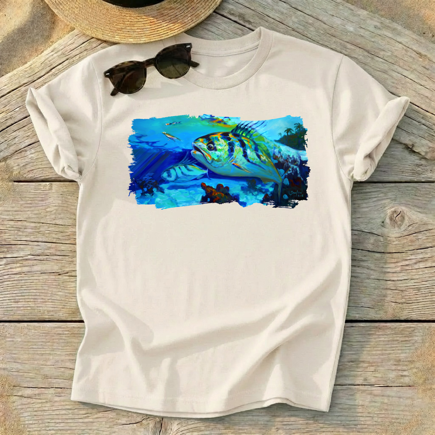 Here Comes The Rooster Roosterfish Art Tee — roosterfish fishing shirt, coastal fishing apparel, Love My Oceans