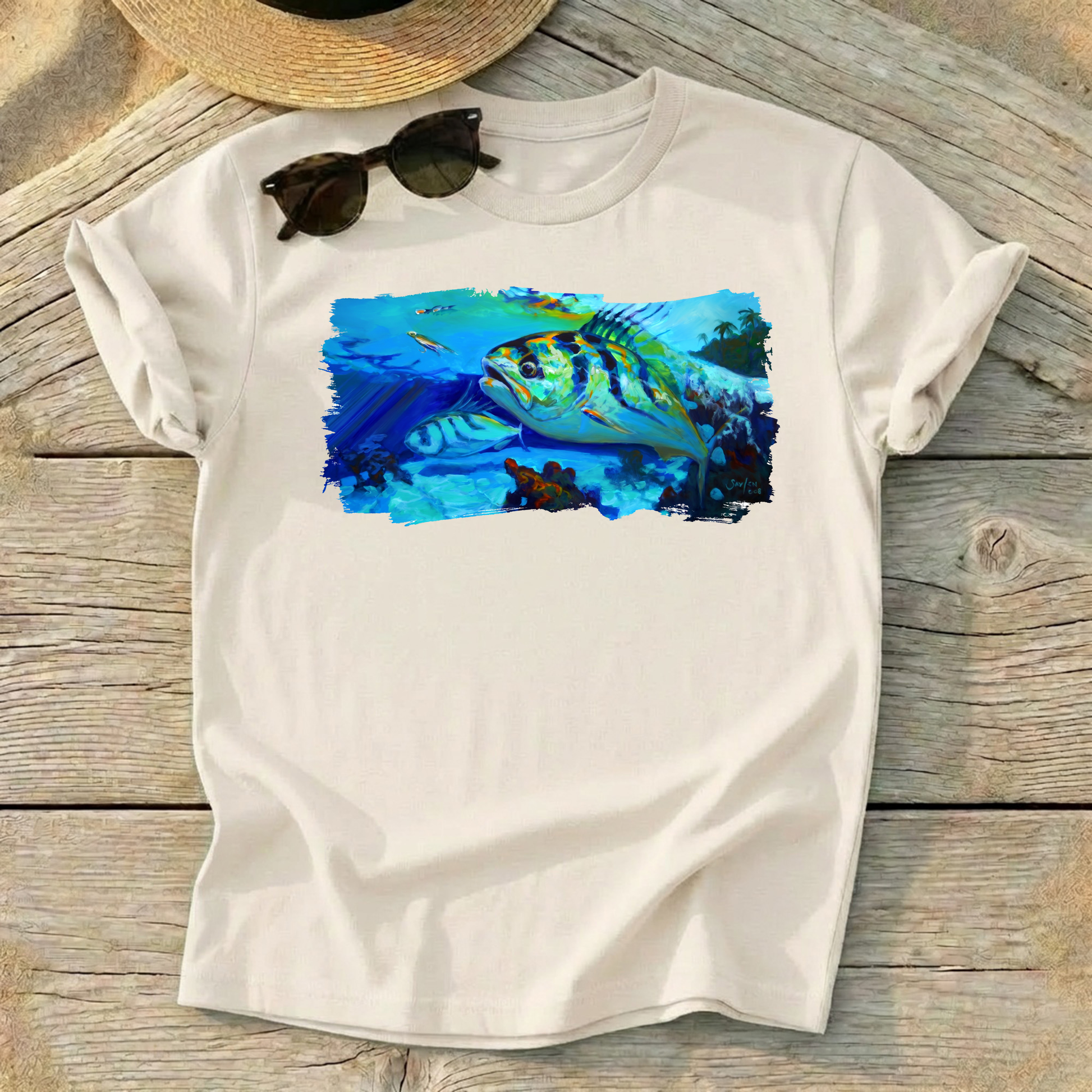 Here Comes The Rooster Roosterfish Art Tee — roosterfish fishing shirt, coastal fishing apparel, Love My Oceans