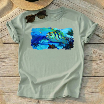 Here Comes The Rooster Roosterfish Art Tee — roosterfish fishing shirt, coastal fishing apparel, Love My Oceans