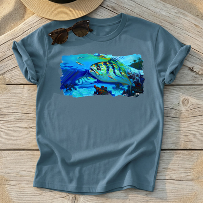 Here Comes The Rooster Roosterfish Art Tee — roosterfish fishing shirt, coastal fishing apparel, Love My Oceans