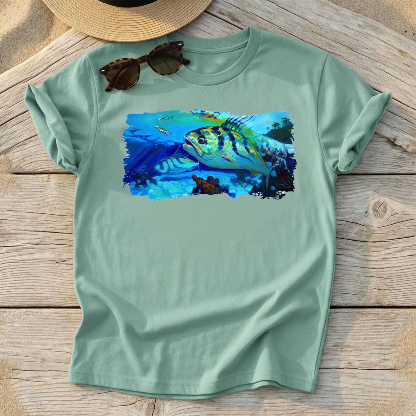 Here Comes The Rooster Roosterfish Art Tee — roosterfish fishing shirt, coastal fishing apparel, Love My Oceans