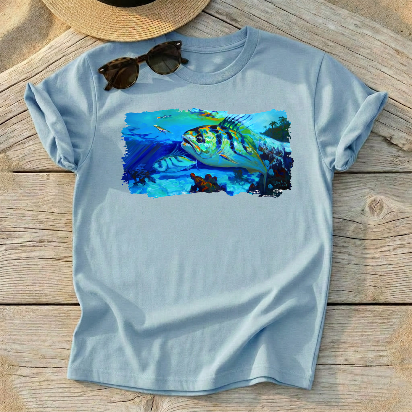 Here Comes The Rooster Roosterfish Art Tee — roosterfish fishing shirt, coastal fishing apparel, Love My Oceans