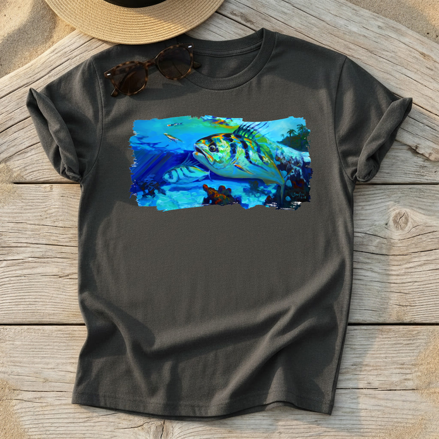 Here Comes The Rooster Roosterfish Art Tee — roosterfish fishing shirt, coastal fishing apparel, Love My Oceans