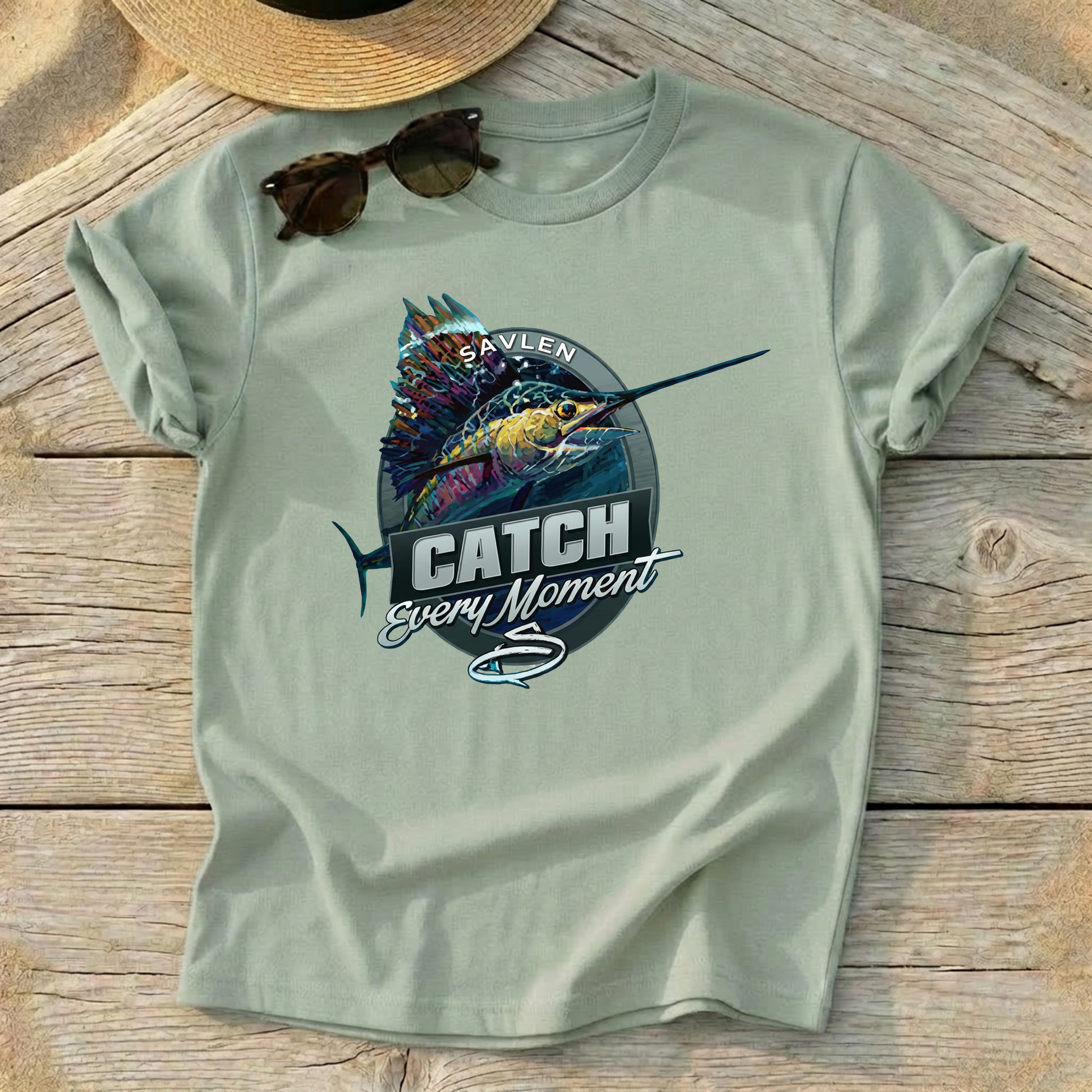 Catch Every Moment Sailfish Tee by Mike Savlen — sailfish fishing shirt, offshore apparel, Love My Oceans