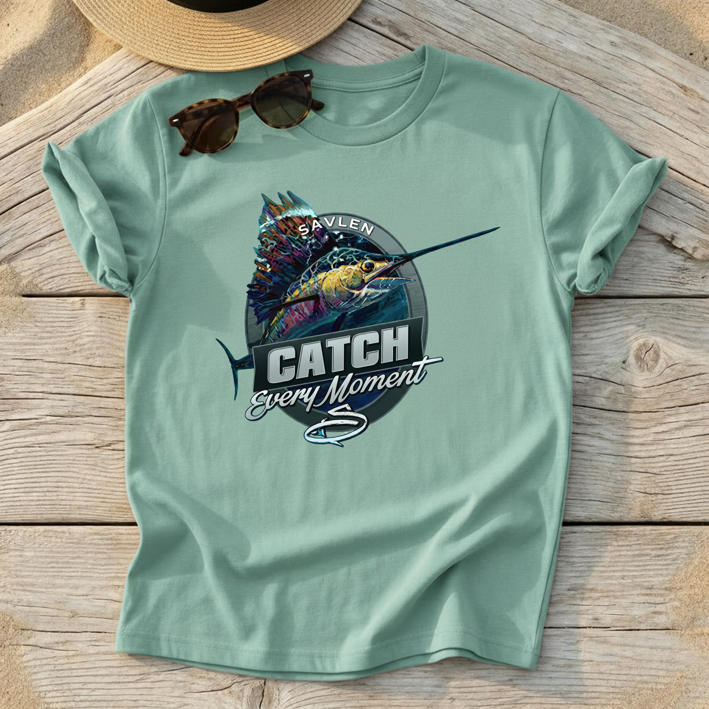 Catch Every Moment Sailfish Tee by Mike Savlen — sailfish fishing shirt, offshore apparel, Love My Oceans