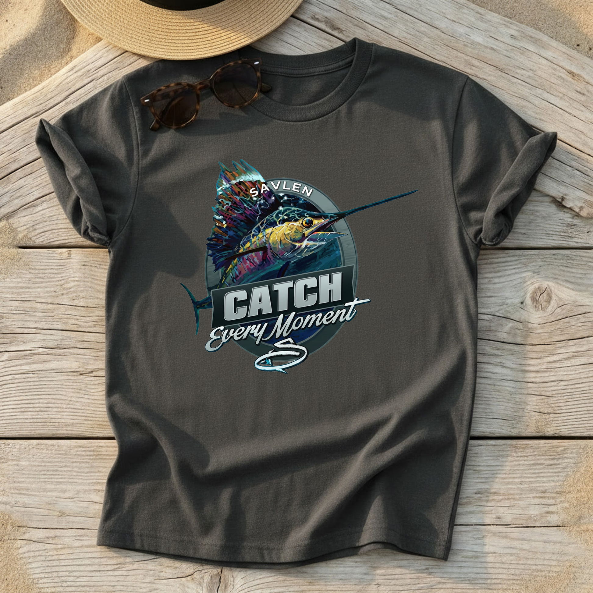 Catch Every Moment Sailfish Tee by Mike Savlen — sailfish fishing shirt, offshore apparel, Love My Oceans