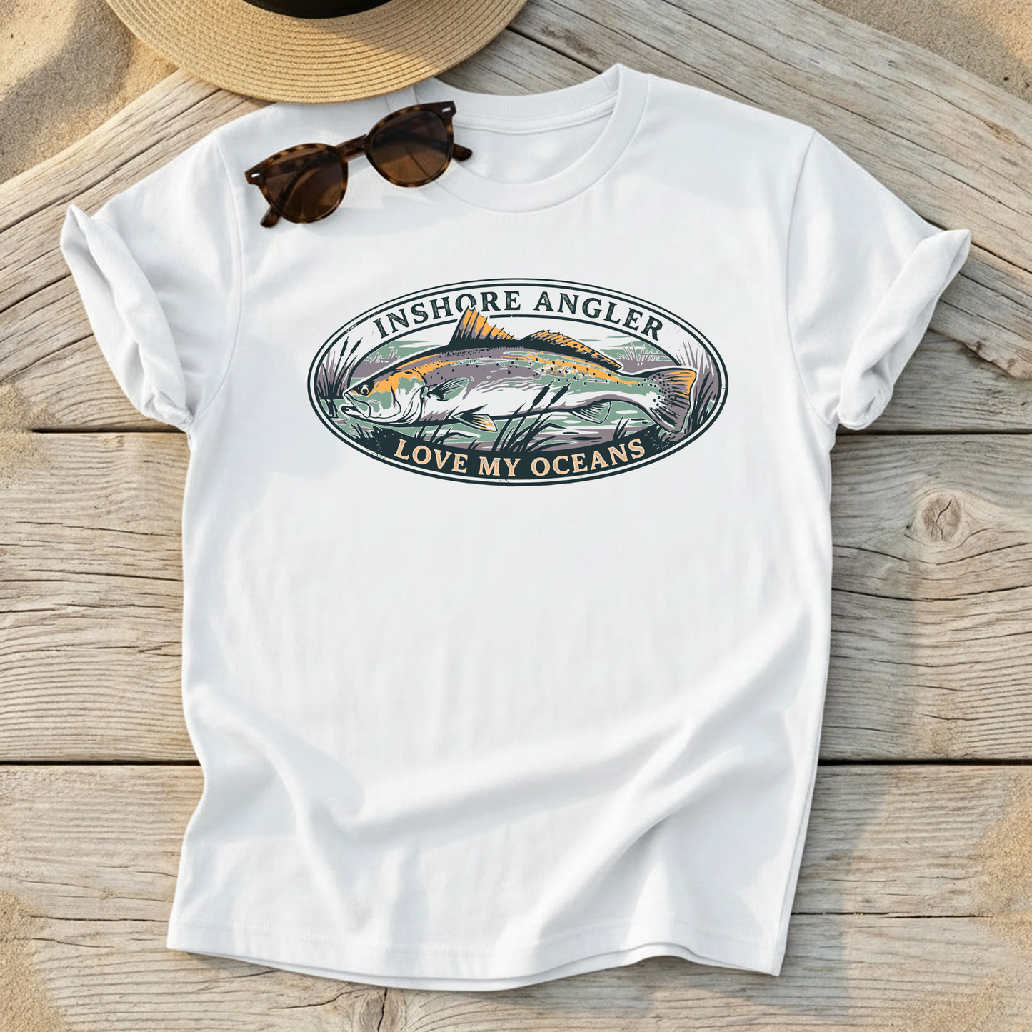 Inshore Angler Speckled Trout Tee — speckled trout fishing shirt, inshore saltwater apparel, Love My Oceans