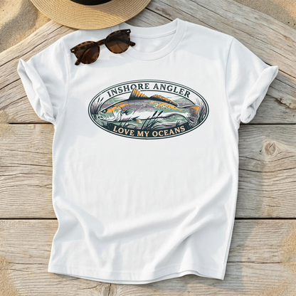 Inshore Angler Speckled Trout Tee — speckled trout fishing shirt, inshore saltwater apparel, Love My Oceans