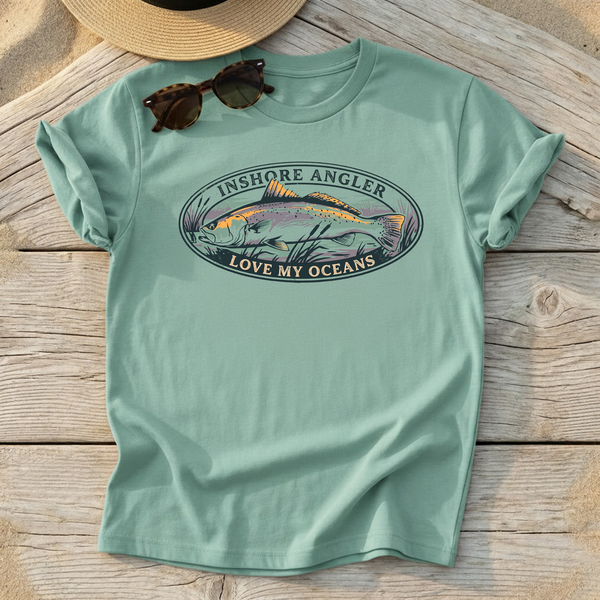 Inshore Angler Speckled Trout Tee — speckled trout fishing shirt, inshore saltwater apparel, Love My Oceans