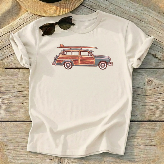 Woodie Surf Wagon Tee — vintage beach shirt, coastal lifestyle apparel, Love My Oceans