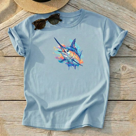 Blue Marlin Art Tee — blue marlin offshore fishing shirt, pelagic apparel, Love My Oceans