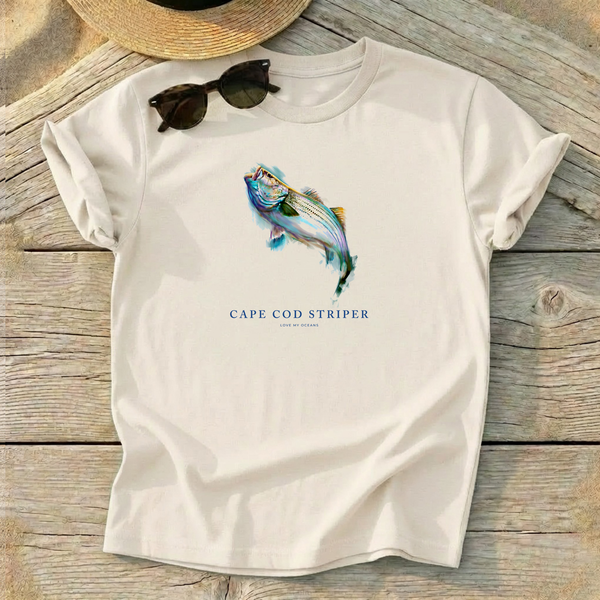 Cape Cod Striper Tee — striped bass fishing shirt, northeast saltwater apparel, Love My Oceans