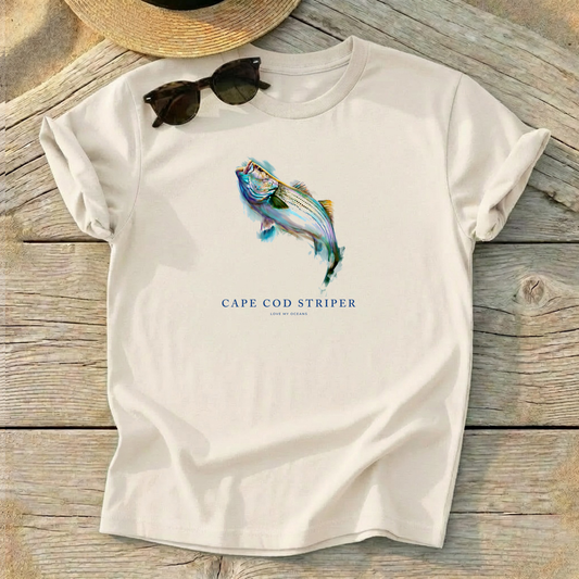 Cape Cod Striper Tee — striped bass fishing shirt, northeast saltwater apparel, Love My Oceans