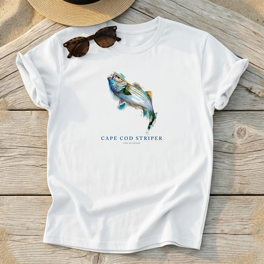 Cape Cod Striper Tee — striped bass fishing shirt, northeast saltwater apparel, Love My Oceans