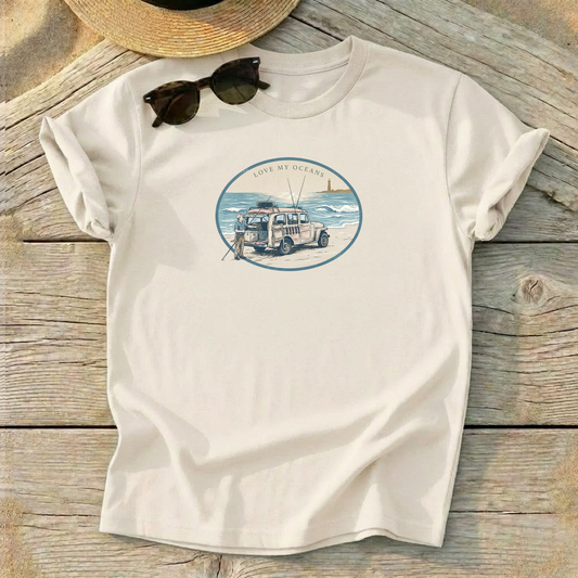 Cape Surfcaster Beach Buggy Tee — surf fishing shirt, coastal lifestyle apparel, Love My Oceans