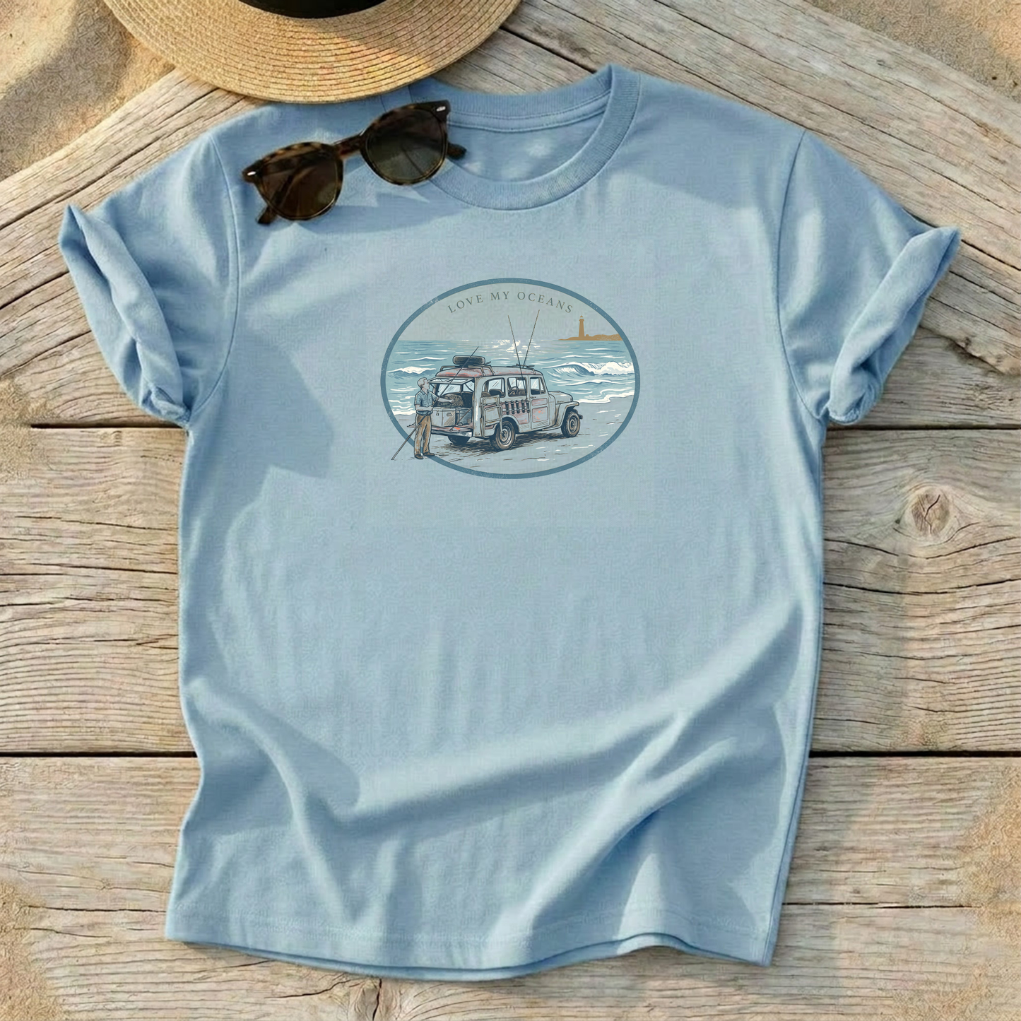 Cape Surfcaster Beach Buggy Tee — surf fishing shirt, coastal lifestyle apparel, Love My Oceans